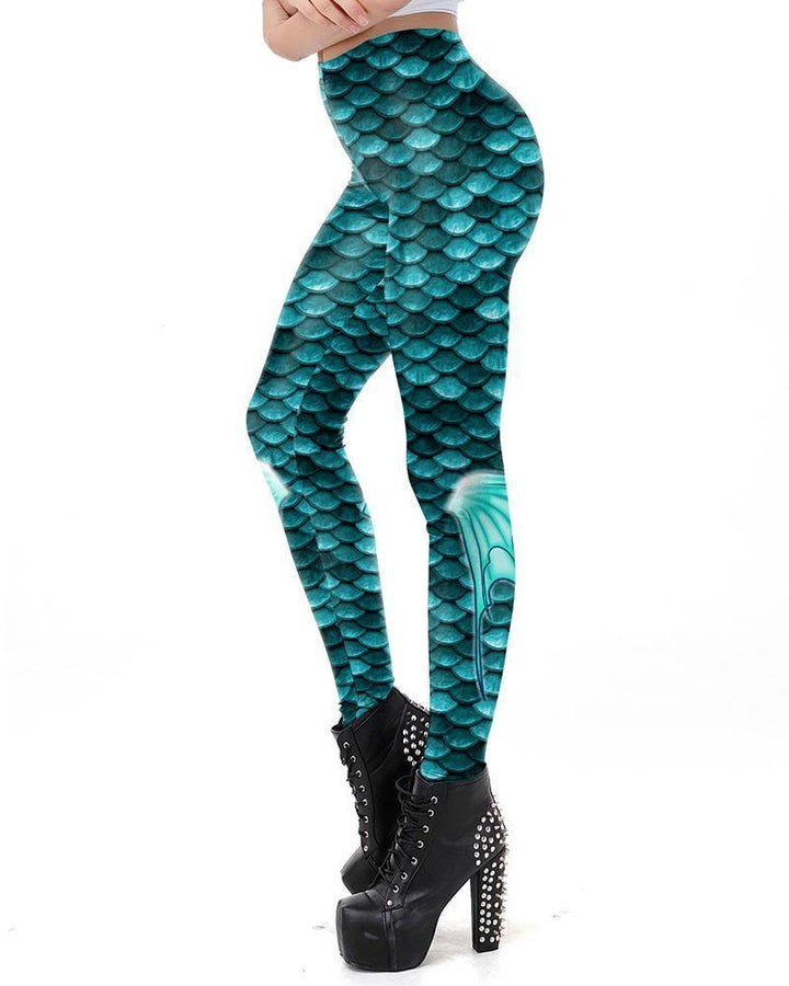 Blue Fish Scale With Fins Print Mermaid Leggings