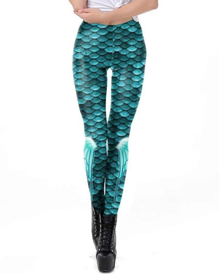 Blue Fish Scale With Fins Print Mermaid Leggings - pinkfad