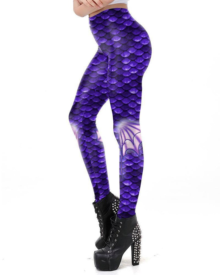 Purple Fish Scale With Fins Print Mermaid Leggings