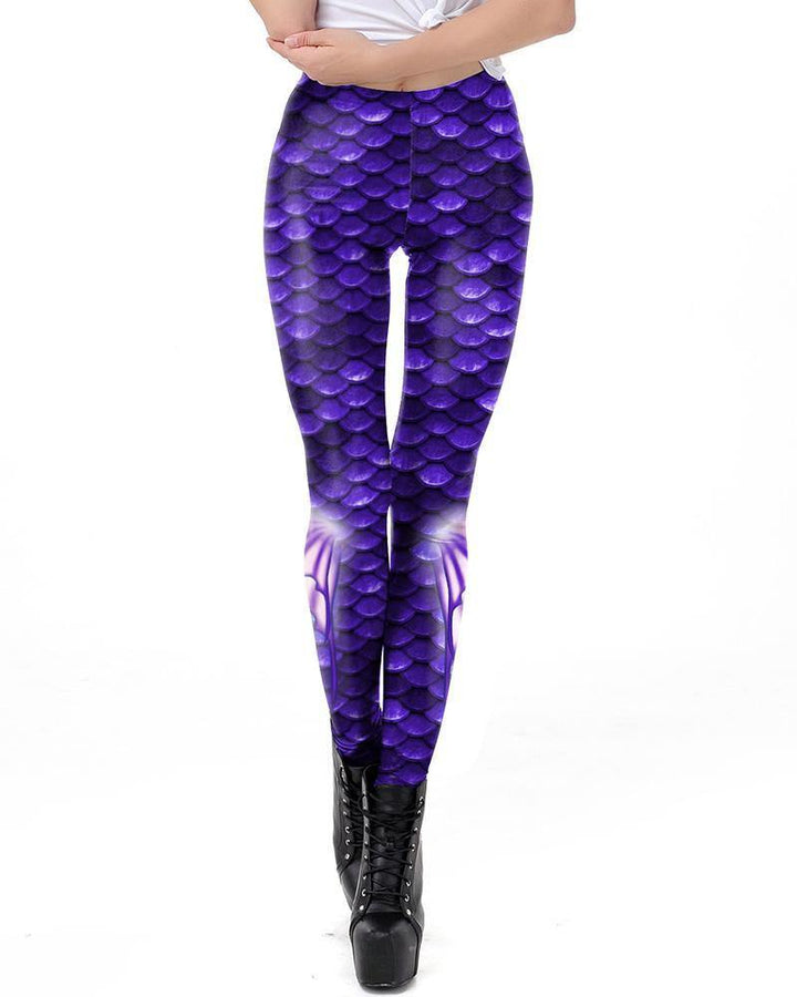 Purple Fish Scale With Fins Print Mermaid Leggings - pinkfad
