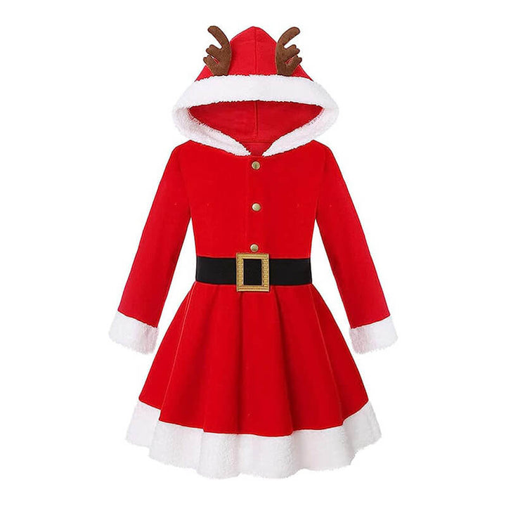 Womens Red Christmas Dress With Faux Fur Trim And Hat In Deer Horn