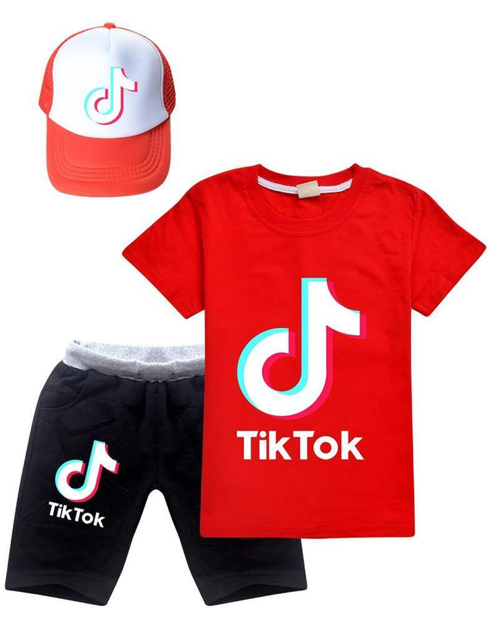 Tik Tok Print Girls Boys Cotton T Shirt And Shorts Outfit Set With Hat