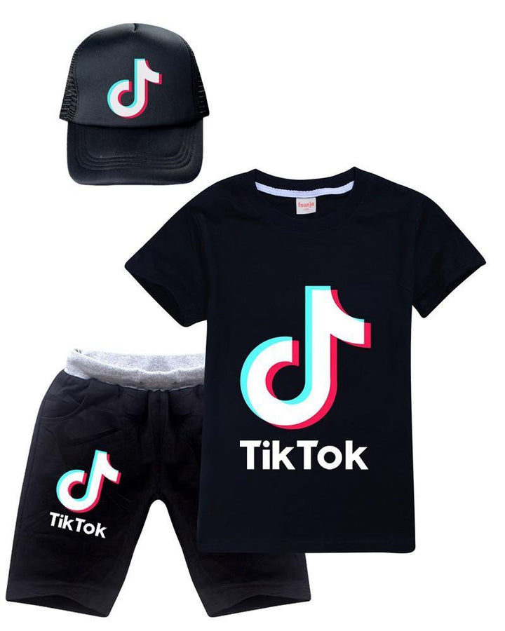 Tik Tok Print Girls Boys Cotton T Shirt And Shorts Outfit Set With Hat - pinkfad