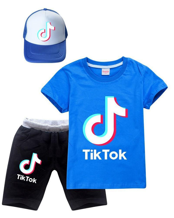 Tik Tok Print Girls Boys Cotton T Shirt And Shorts Outfit Set With Hat - pinkfad