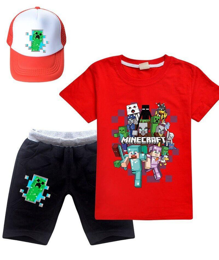 Boys Girls Minecraft Printed Cotton T Shirt And Shorts Outfit With Hat
