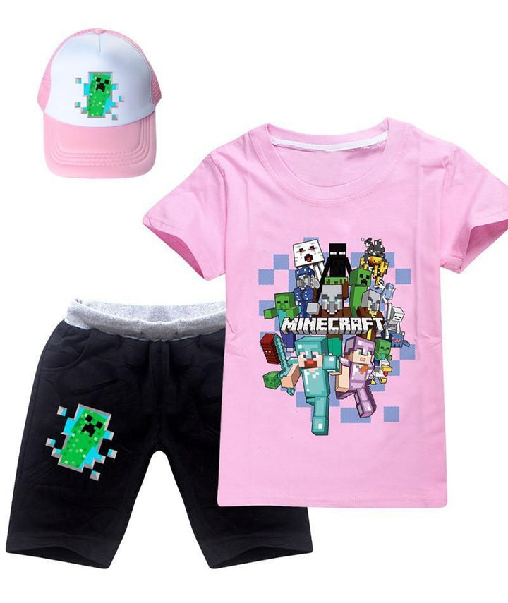 Boys Girls Minecraft Printed Cotton T Shirt And Shorts Outfit With Hat - pinkfad