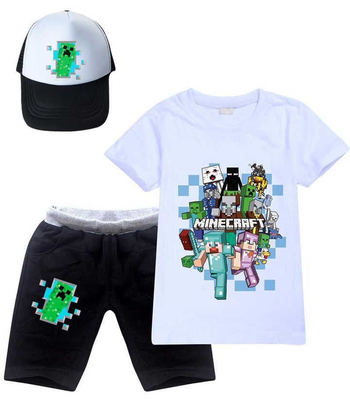 Boys Girls Minecraft Printed Cotton T Shirt And Shorts Outfit With Hat - pinkfad