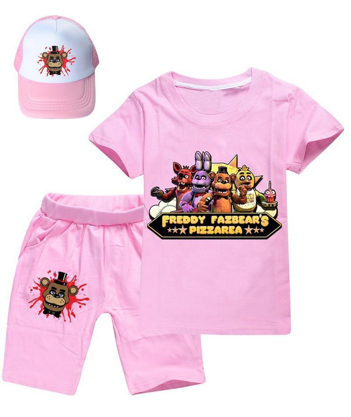 Five Nights At Freddy Printed Girls Boys T Shirt And Shorts With Hat - pinkfad