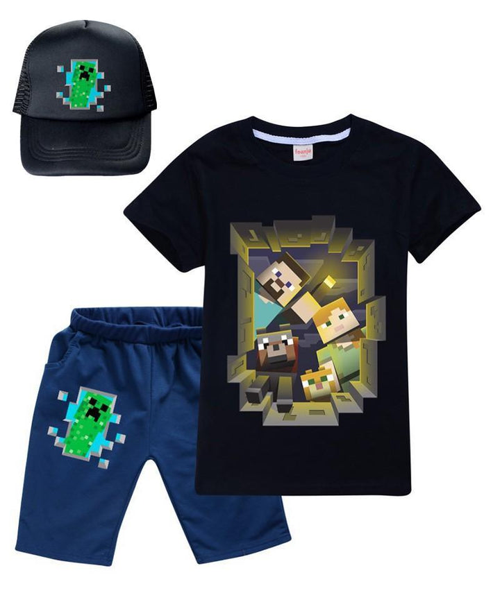 Boys Girls Minecraft Print Cotton T Shirt And Shorts Outfits With Hat - pinkfad