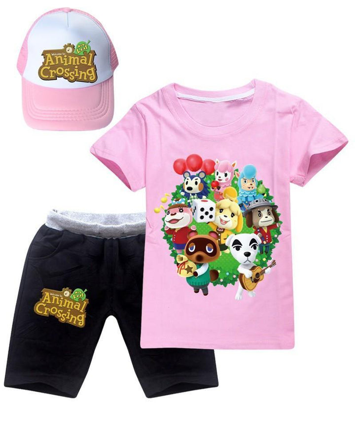 Animal Crossing Printed Girls Boys Cotton T Shirt And Shorts With Hat - pinkfad