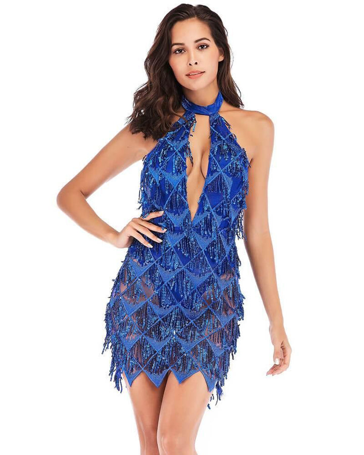 Blue Halter Backless Cut Out Sequin Tassel Short Party Dance Dress