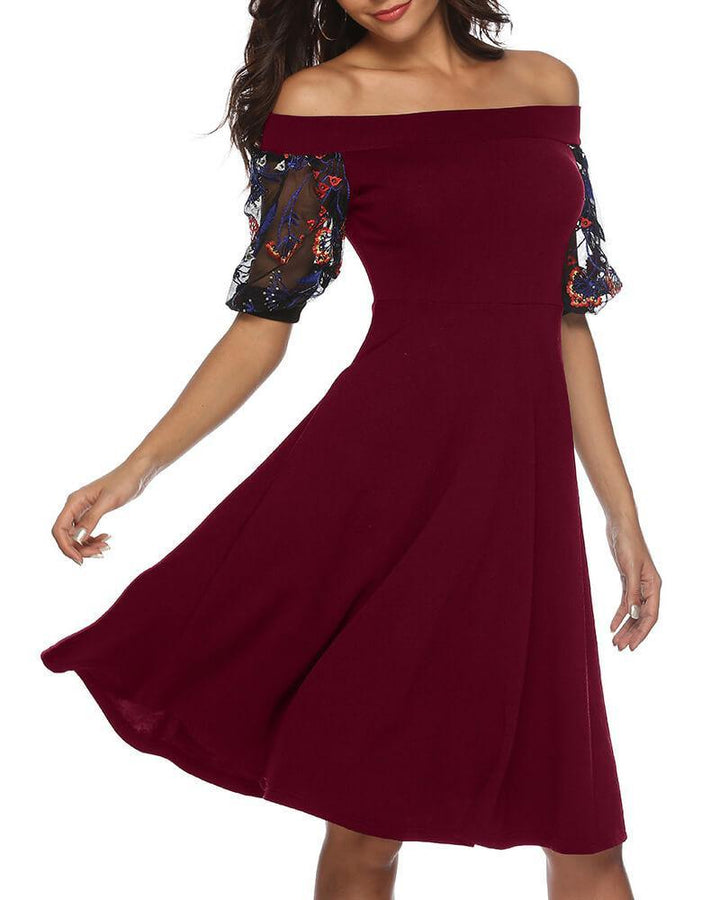 Wine Red Short Embroidery Lace Sleeves Bardot Going Out Skater Dress