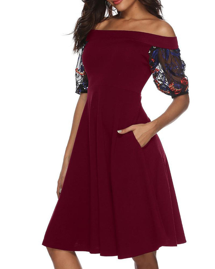 Wine Red Short Embroidery Lace Sleeves Bardot Going Out Skater Dress - pinkfad