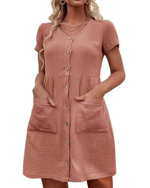Womens Classic Short Sleeve Pocketed Button Through Mini Smock Dress