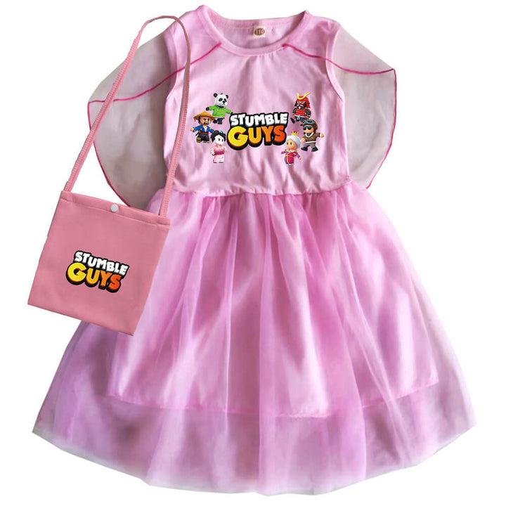 Little Girls Stumble Funny Guys Print Cape Sleeve Tulle Dress With Bag