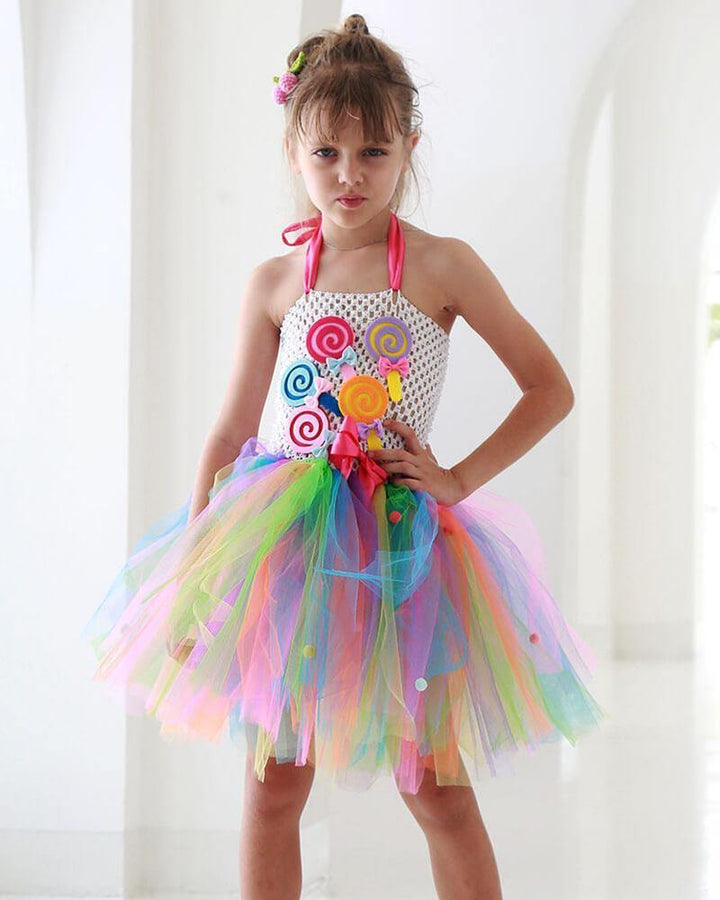 Girls Halter Colorful Rainbow Lollipop Tulle Lace Dress