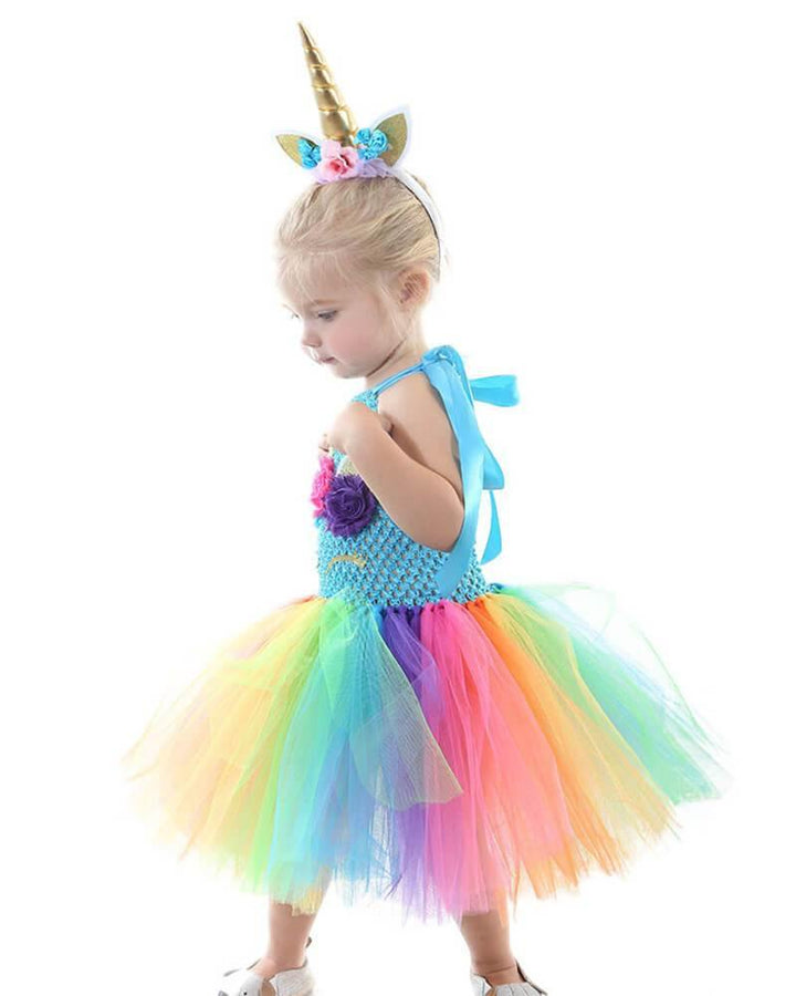 Girls Rainbow Unicorn Tulle Lace Dress Party Dance School Play Costume - pinkfad