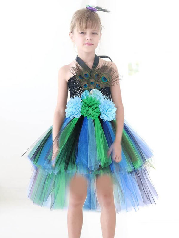 Girls Halter Knit Peacock Tiers Tutu Dress Party School Play Costume