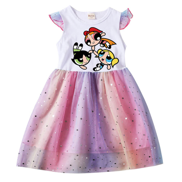 The Little Powerpuff Girls Print Ruffle Sleeve Tulle Sequined Dress
