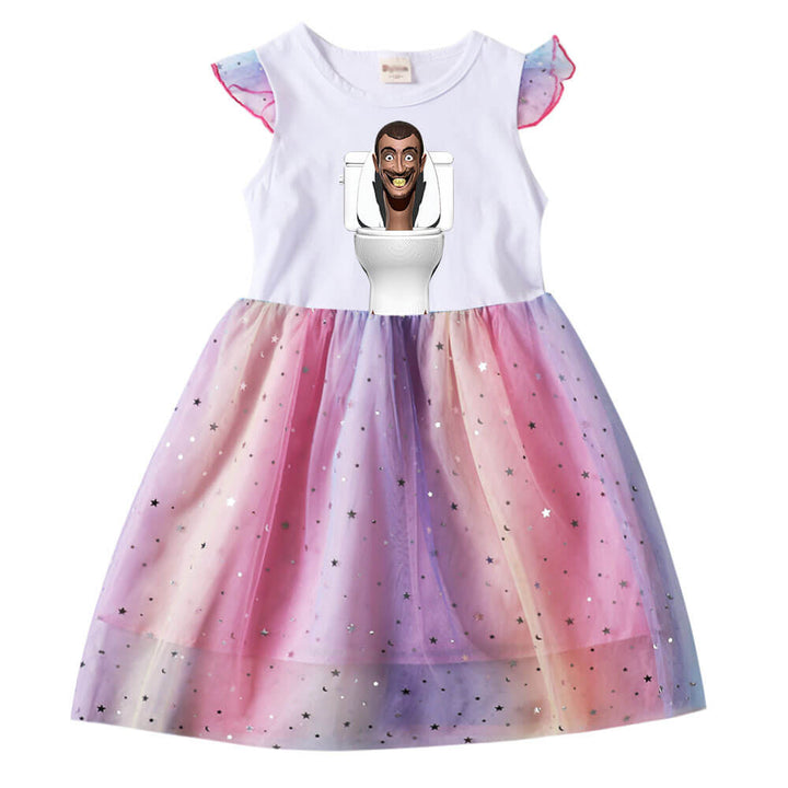 Skibidi Funny Toilet Print Little Girls Ruffle Sequined Tulle Dress