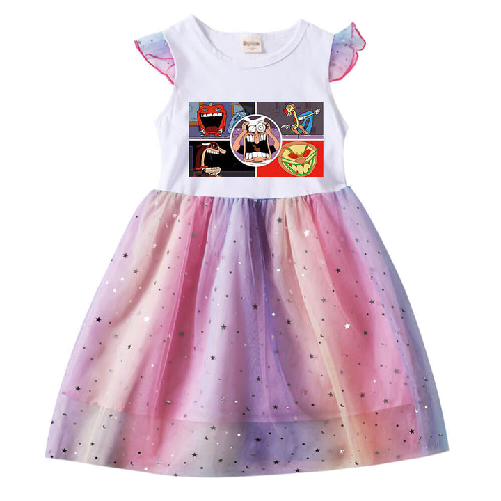 Little Girls Pizza Tower Print Ruffle Sleeve Sequined Tulle Dress