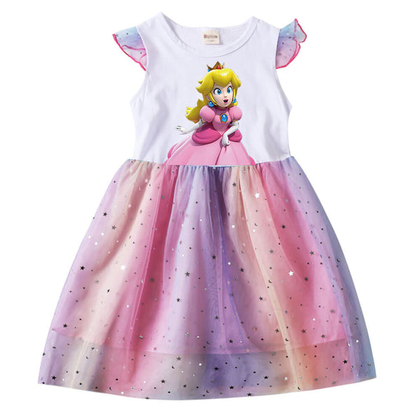 Princess Peach Print Little Girls Sequined Ruffle Rainbow Tulle Dress