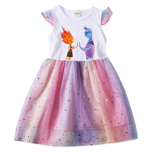 Little Girls Fire Water Elemental Print Sequined Rainbow Tulle Dress