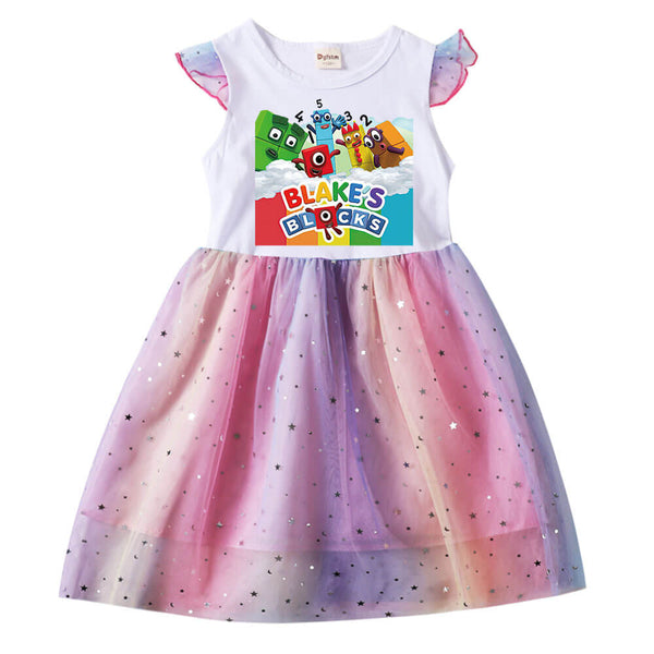 Little Girls Number Blocks Print Ruffle Sequined Rainbow Tulle Dress