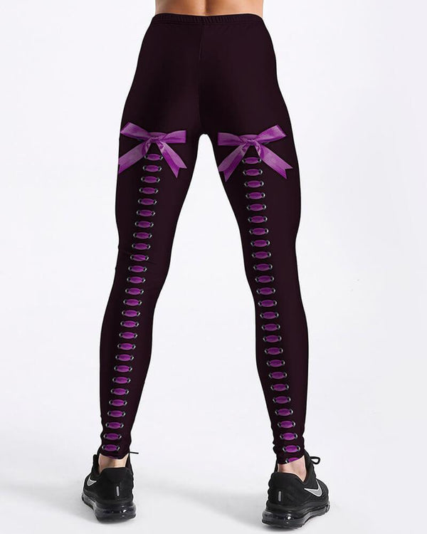 Purple Laceup Leg Tie A Bow Back Prints Design Black Leggings