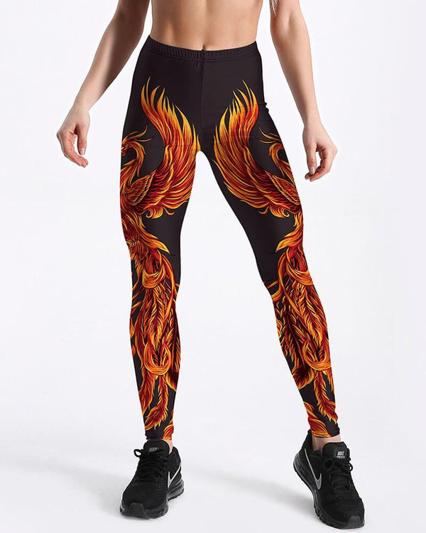 Fire Phoenix Design Printed Black Leggings