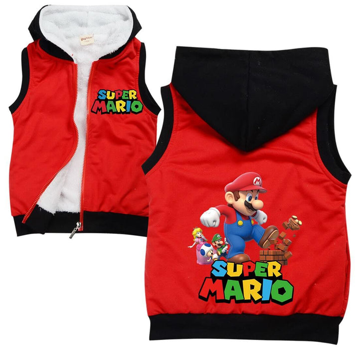 Boys Girls Super Mario Print Hooded Fleece Lined Waist Coat Vest