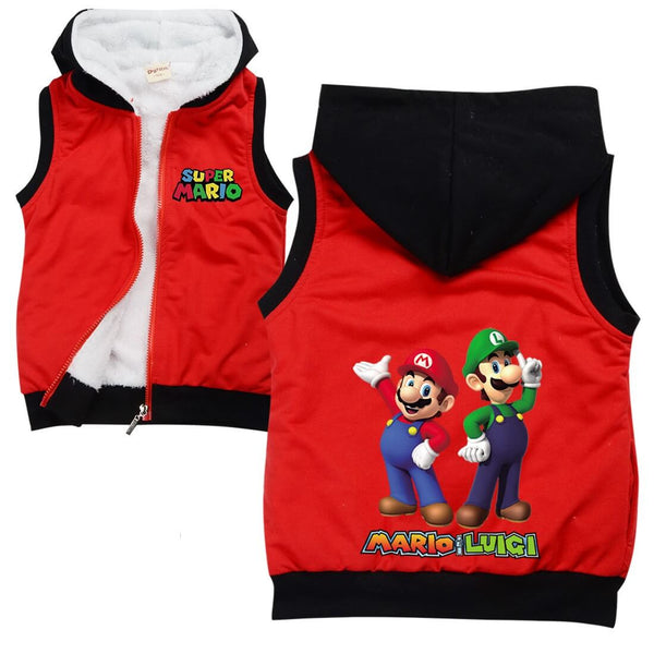 Boys Girls Super Mario Luigi Brother Print Hooded Fleece Lined Vest