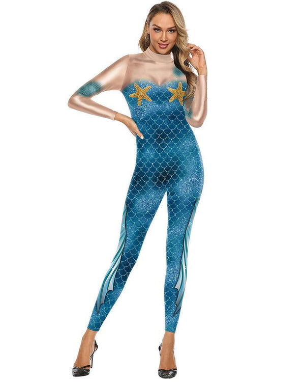 Blue Mermaid Aquamarine Catsuit Scholl Play Stage Performance Costume