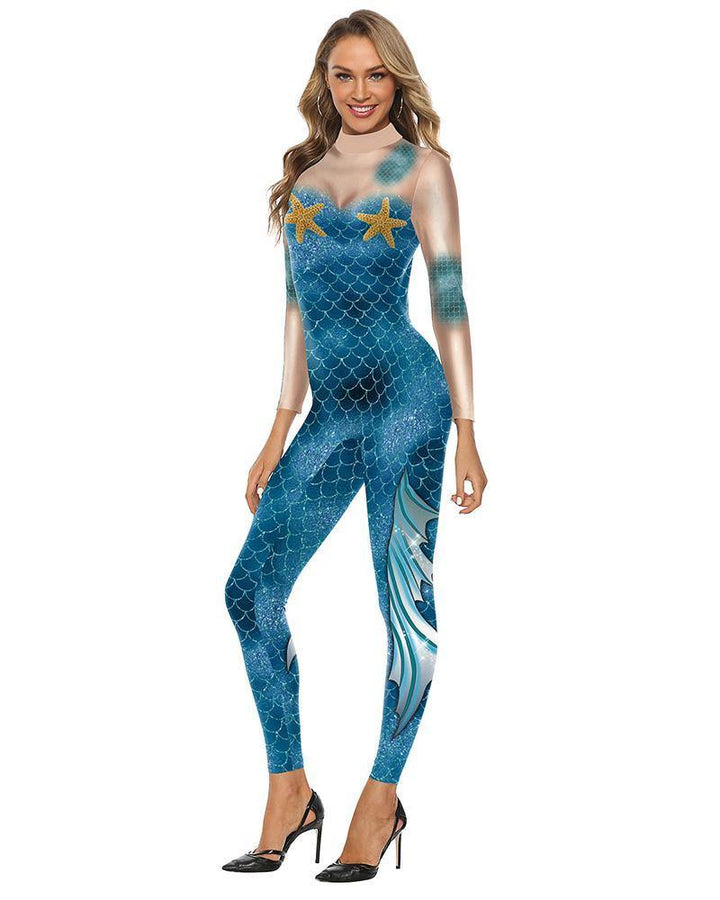 Blue Mermaid Aquamarine Catsuit Scholl Play Stage Performance Costume - pinkfad