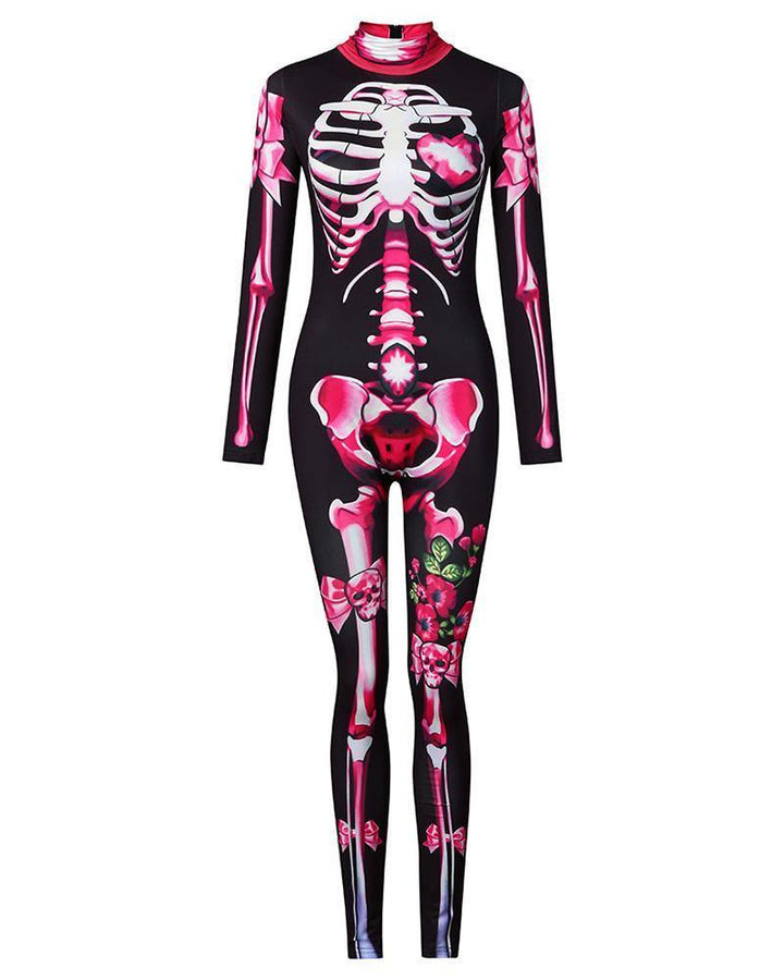 Adult Womens Scary Halloween Pink Butterfly Skeleton Catsuit Costume