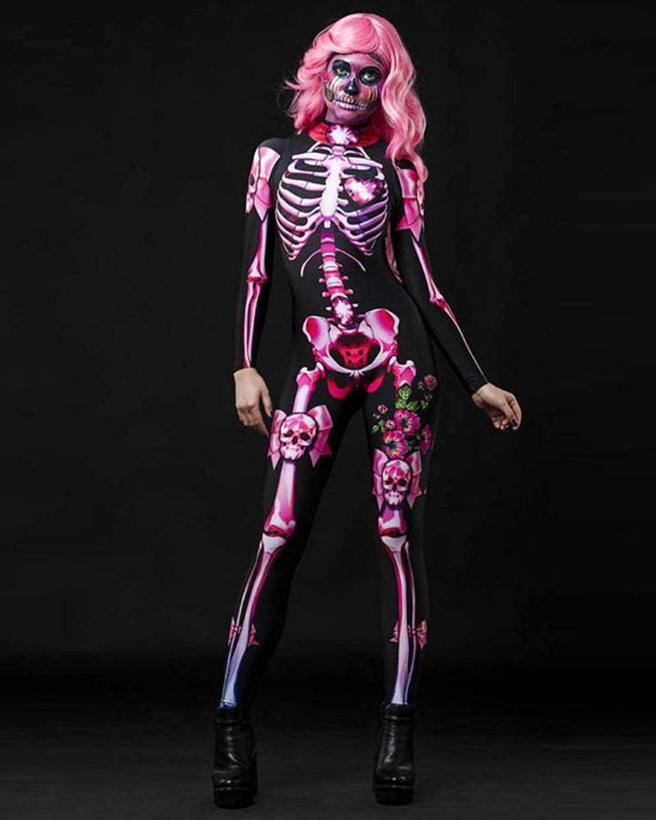 Adult Womens Scary Halloween Pink Butterfly Skeleton Catsuit Costume - pinkfad