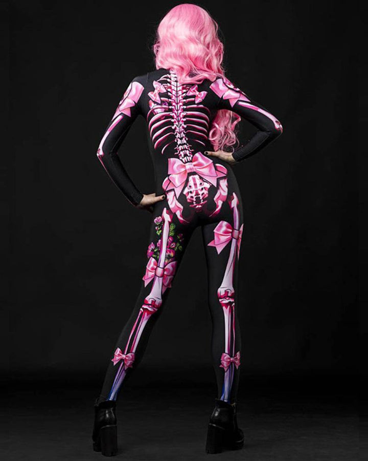 Adult Womens Scary Halloween Pink Butterfly Skeleton Catsuit Costume - pinkfad