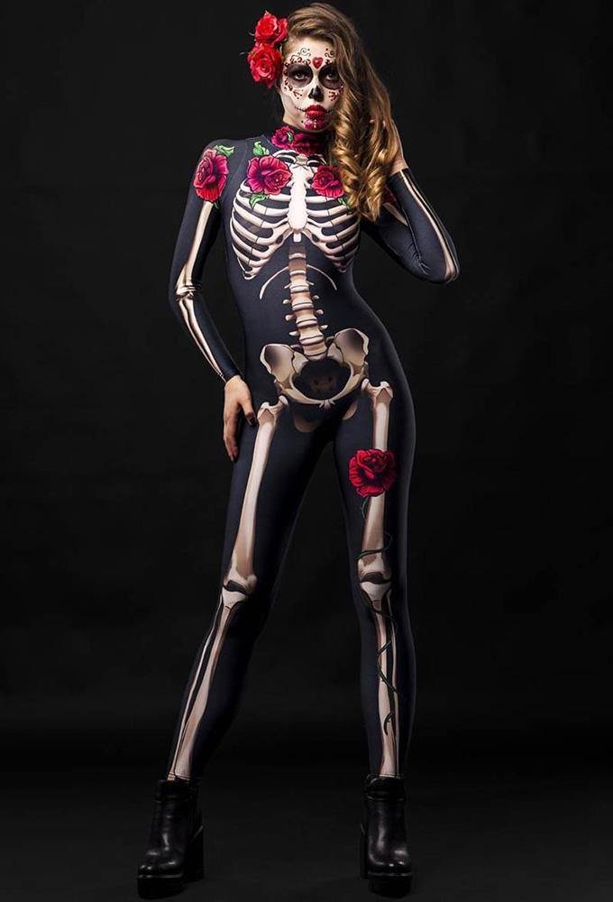 Adult Womens Halloween Scary Rose Skeleton Catsuit Costume