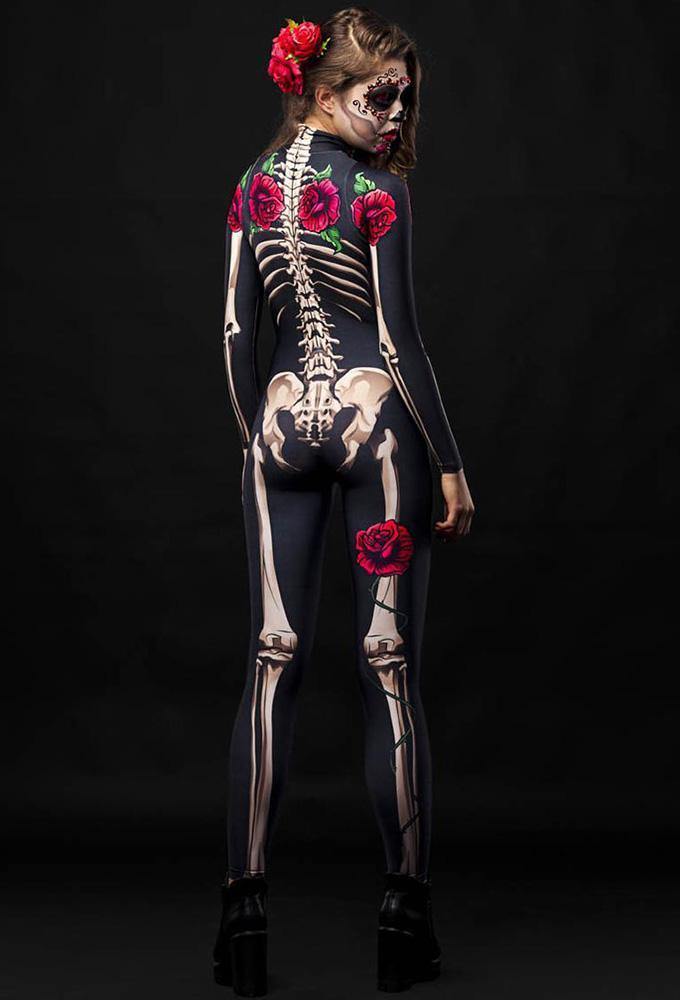 Adult Womens Halloween Scary Rose Skeleton Catsuit Costume - pinkfad