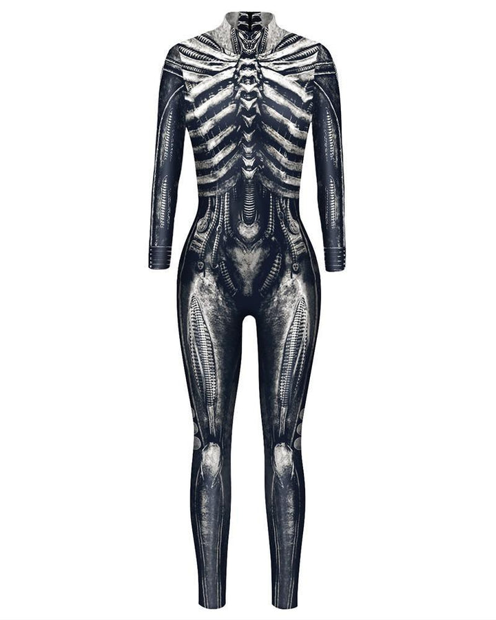 Womens Retro Skeleton Unitard Cosplay Catsuit Halloween Costume