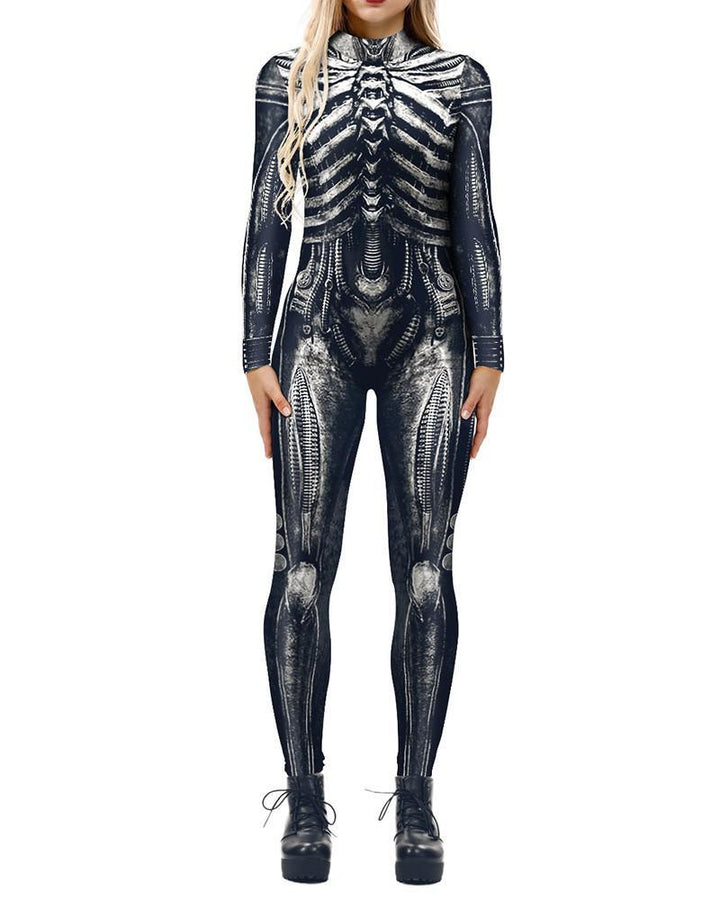 Womens Retro Skeleton Unitard Cosplay Catsuit Halloween Costume - pinkfad