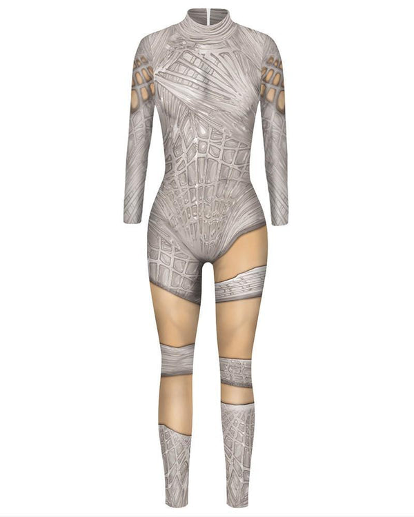Womens Grey Alligator Skin Bandage Print Unitard Halloween Costume