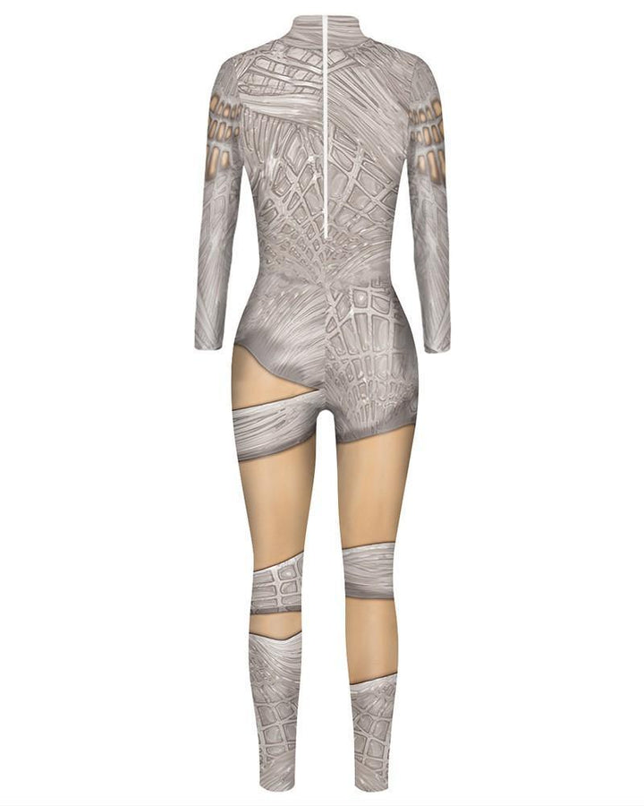 Womens Grey Alligator Skin Bandage Print Unitard Halloween Costume - pinkfad