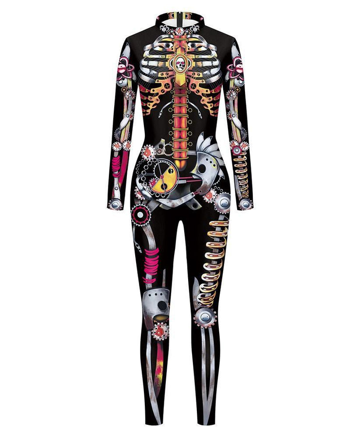 Mechanical Skeleton Print Dance Stage Halloween Party Costume - pinkfad