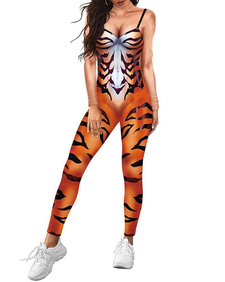 Suspenders Jumpsuit Tiger Print Stage Dance Play Halloween Costume - pinkfad