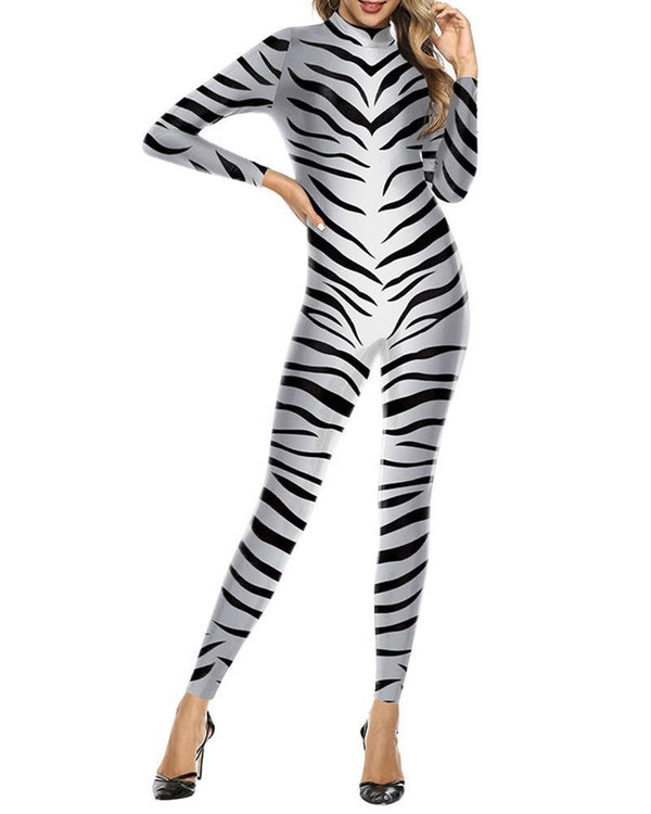 Zebra Print Unitard Stage Play Pub Dance Catsuit Halloween Costume