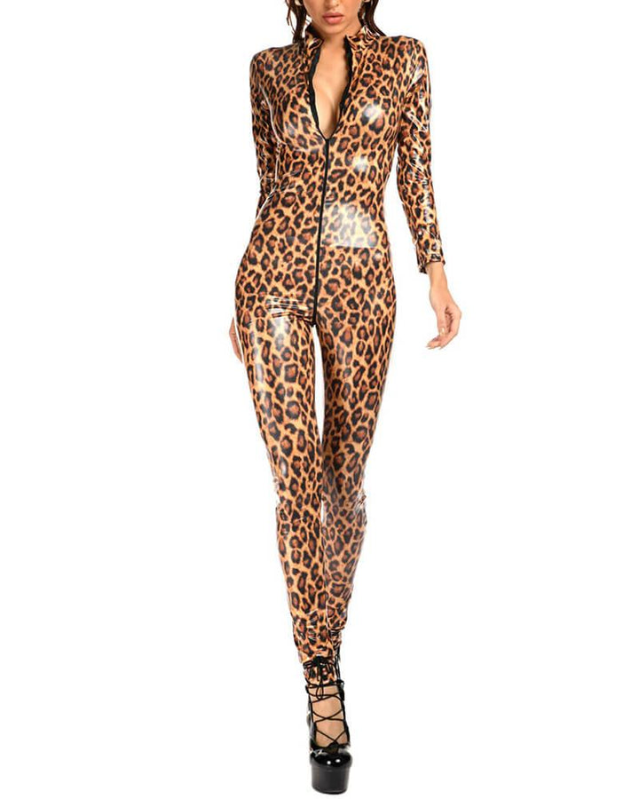Long Sleeve Leopard Zip Up Catsuit Wet Look Stage Play Dance Jumpsuit