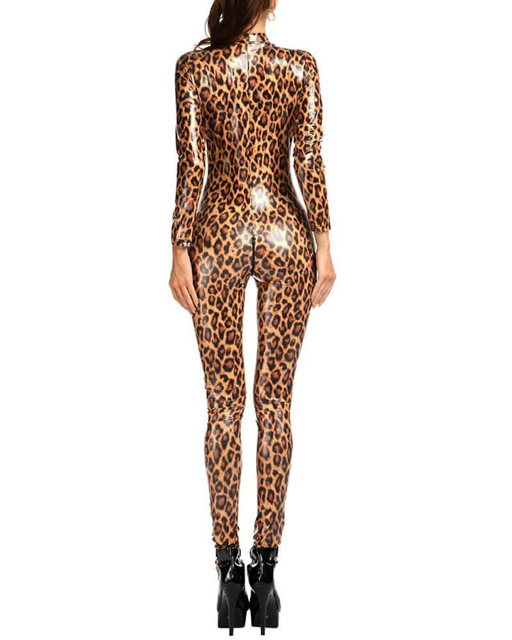 Long Sleeve Leopard Zip Up Catsuit Wet Look Stage Play Dance Jumpsuit - pinkfad