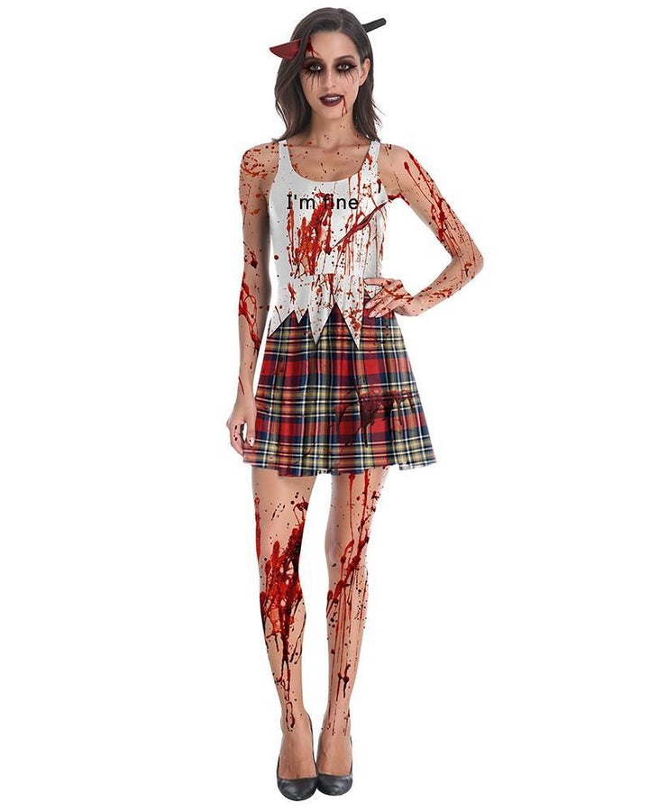 Bloody School Girl Costume Sleeveless Halloween Skater Vest Dress