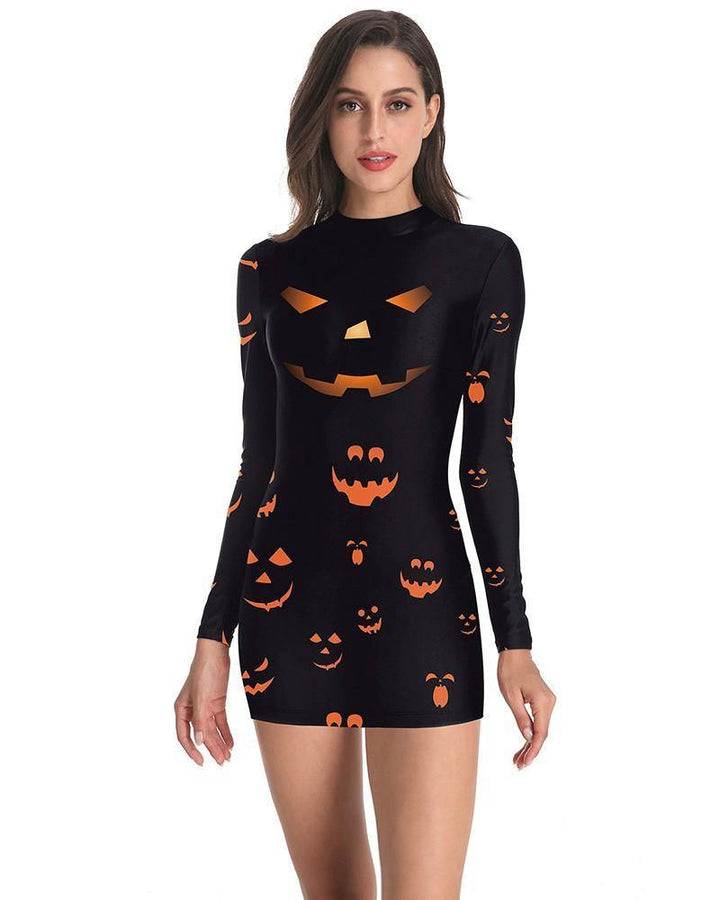 Black Scary Jack-O-Lanterns Print Long Sleeve Halloween Dress